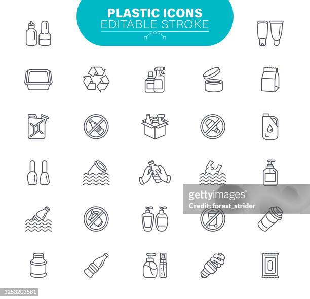 stockillustraties, clipart, cartoons en iconen met plastic pictogrammen. set bevat pictogram zoals pakket, recycle, organisch afval, afval, blik, overzicht, illustratie - afvalcontainer