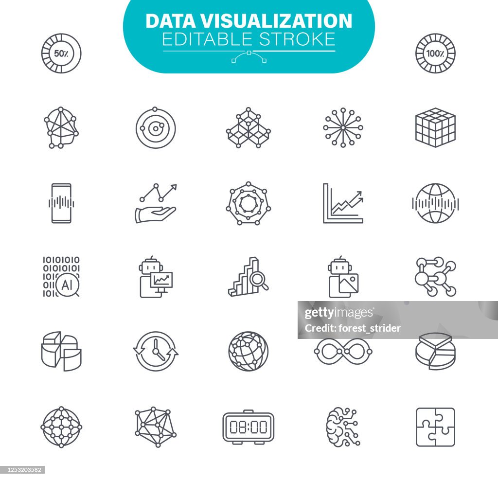 Data Visualization Icons. Set contains icon as Machine learning, Smart Robotic, Cloud Computing, AI, Outline, Illustration