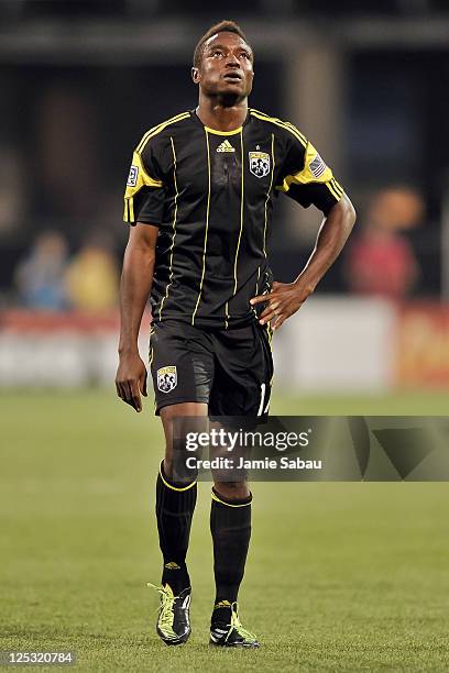 Emmanuel Ekpo of the Columbus Crew reacts after he was given a red card against the Houston Dynamo on September 14, 2011 at Crew Stadium in Columbus,...