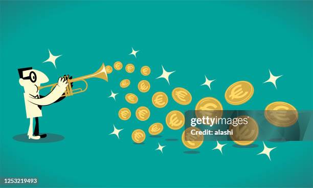 geschäftsmann spielt trompete und bekommt viel gold-währung der europäischen union (euro-zeichen-münze) aus seinem blechblasinstrument - european union currency stock-grafiken, -clipart, -cartoons und -symbole