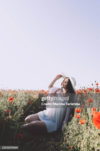 beautiful girl with dark hair in a poppy field. - stehmohn stock-fotos und bilder