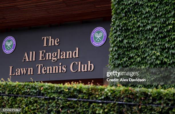 Detailed view of the Wimbledon Logo from outside The All England Tennis and Croquet Club on June 29, 2020 in Wimbledon, England. The Wimbledon Tennis...
