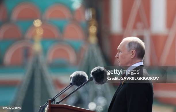 Russian President Vladimir Putin gives a speech during the Victory Day military parade at Red Square in central Moscow on May 9, 2023. Russia...