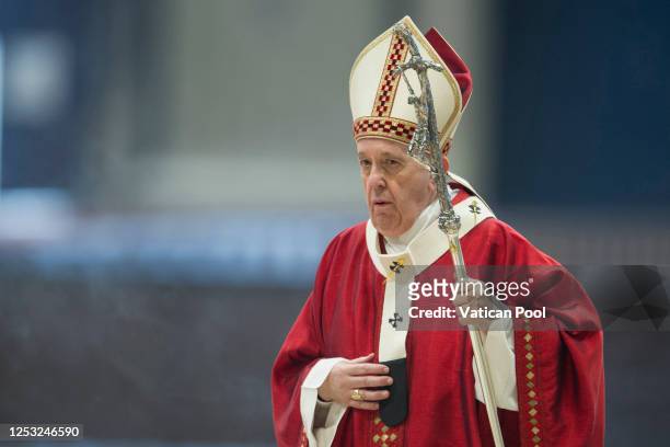 Pope Francis leads Mass for the Solemnity of Saints Peter and Paul in the Vatican Basilica on June 29, 2020 in Vatican City, Vatican. In keeping with...
