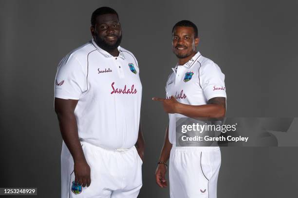 Rahkeem Cornwall and Shannon Gabriel of the West Indies pose for a portrait at Emirates Old Trafford on June 28, 2020 in Manchester, England.