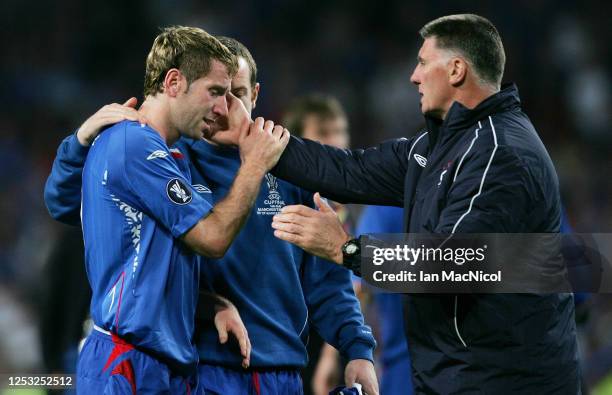 Kirk Broadfoot of Rangers reacts at full time during the UEFA Cup Final between Zenit St. Petersburg and Glasgow Rangers at the City of Manchester...