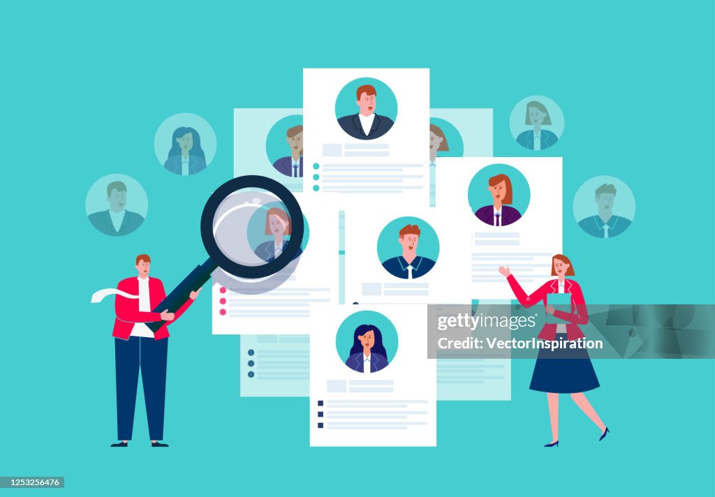 Human resources search, resume and recruitment, human resources department holding magnifying glass to select resume