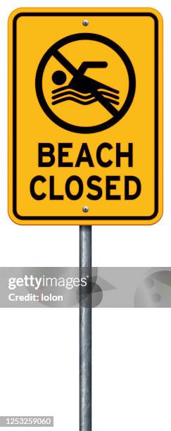 yellow beach closed warning sign isolated on white - beach closed stock illustrations