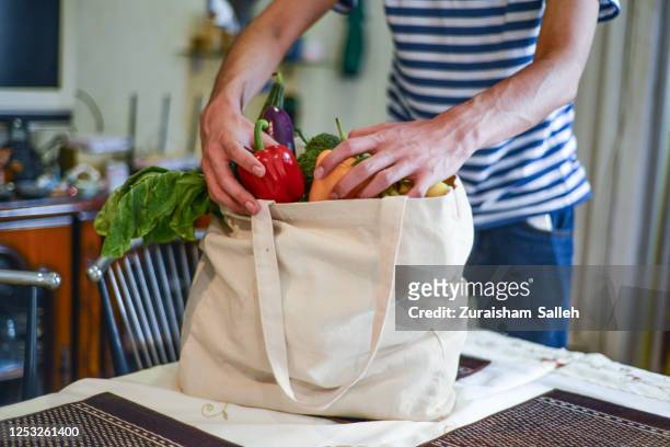 aziatische mens die kruidenierswaren bij keukeneiland pakt - shopping bag in hand stockfoto's en -beelden