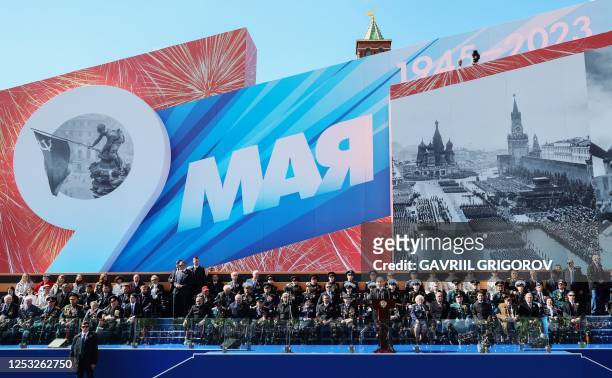 Russian President Vladimir Putin gives a speech during the Victory Day military parade at Red Square in central Moscow on May 9, 2023. Russia...