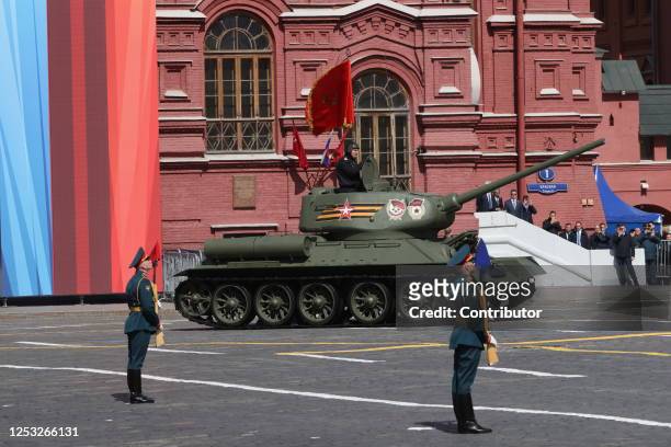 Soviet T-34 tank rolls during the Victory Day Red Square Parade on May 9, 2023 in Moscow, Russia. Moscow marks Victory Day with a parade after a new...
