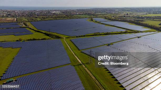 Photovoltaic solar panels at the Owls Hatch Solar Farm near Herne Bay, UK, on Wednesday, May 3, 2023. Key measures for the UK's green plan include...