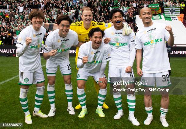 Kyogo Furuhashi, Yuki Kobayashi, Joe Hart, Took Iwata, Reo Hatate and Daizen Maeda after a cinch Premiership match between Heart of Midlothian and...