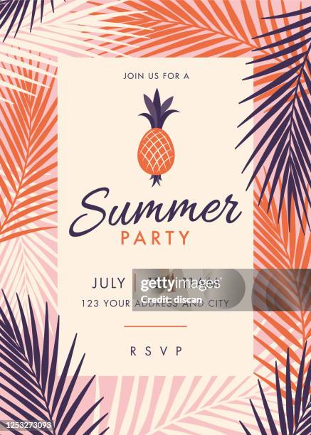 ilustrações, clipart, desenhos animados e ícones de modelo de convite para festa de verão com folhas de palmeira e plantas exóticas. - cocktail party