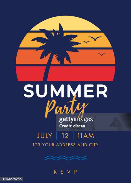 tropical summer party invitation template with palm tree silhouette and gradient background. - beach party stock illustrations