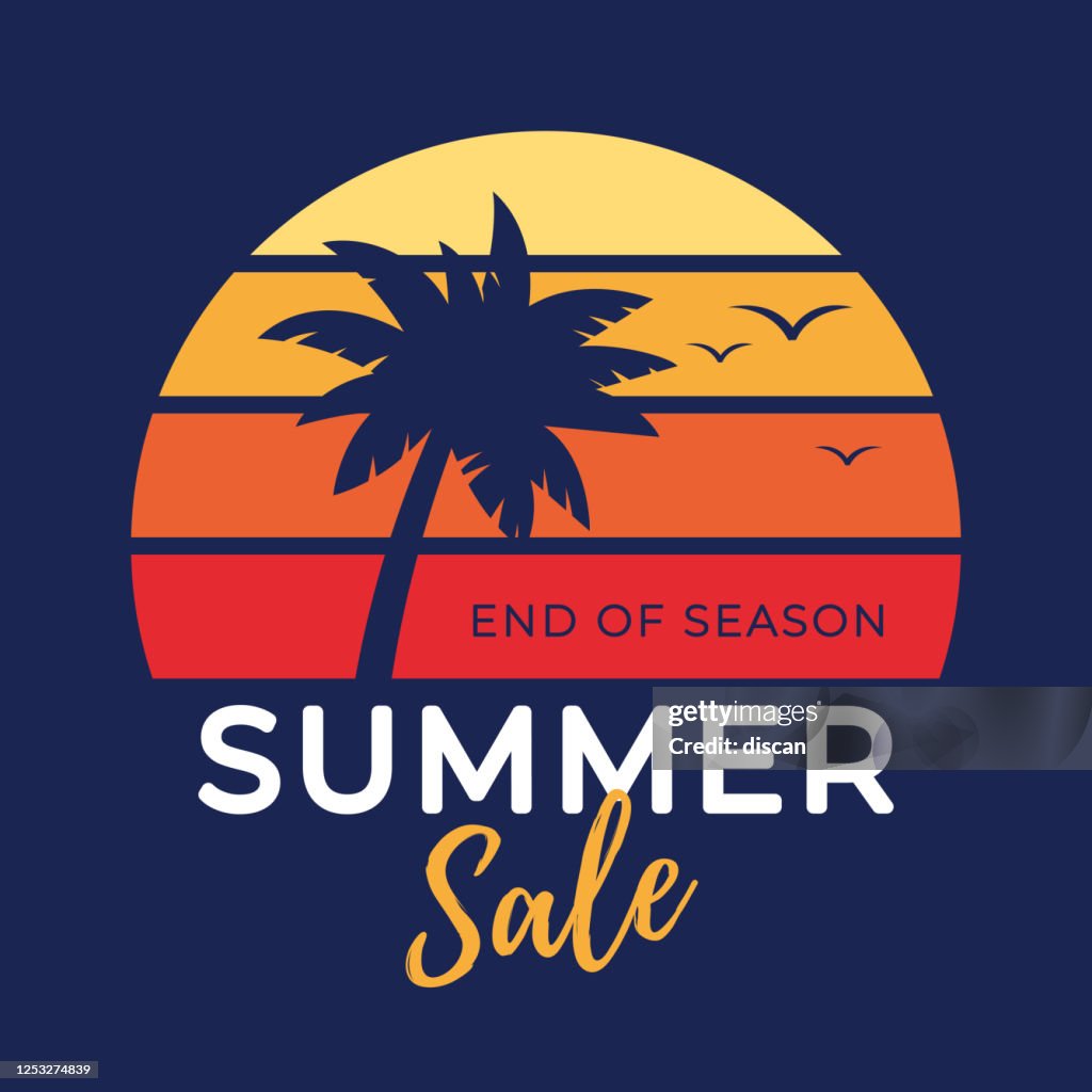 Summer tropical sale banner with palm tree silhouette and gradient background.