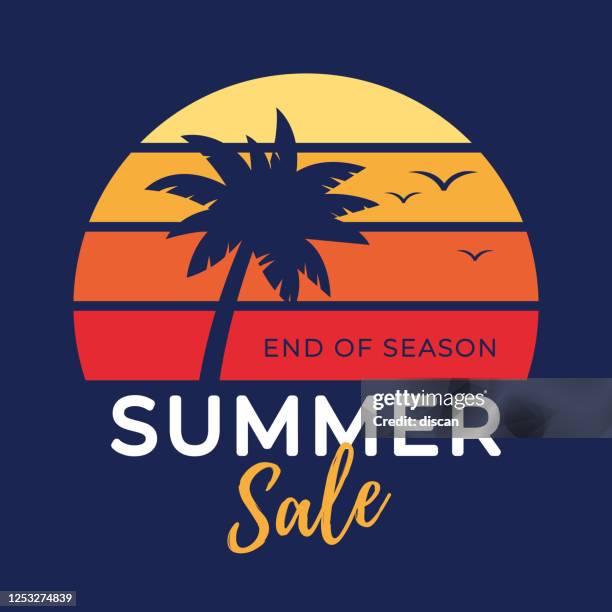 summer tropical sale banner with palm tree silhouette and gradient background. - tropical sunset stock illustrations