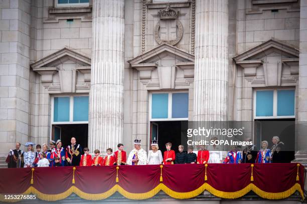 King Charles III, Queen Camilla and The Royal Family stand on the balcony of Buckingham Palace during The Coronation of King Charles III and Queen...