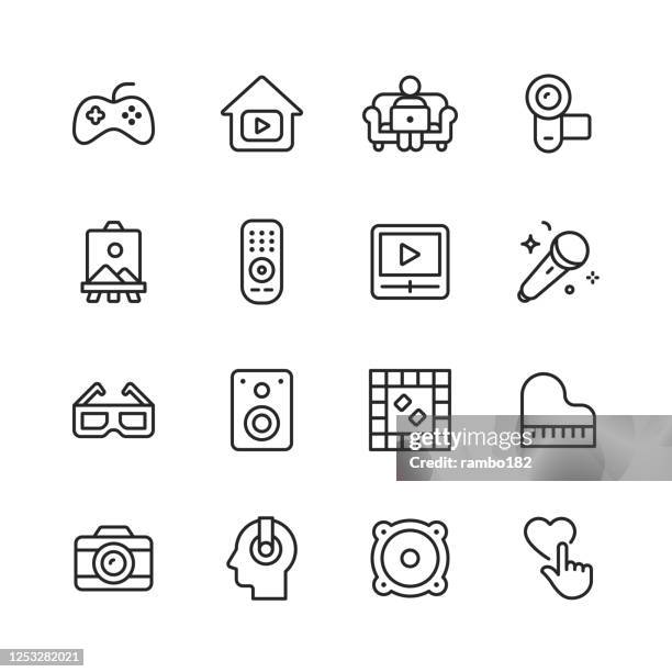 home entertainment line icons. bearbeitbarer strich. pixel perfekt. für mobile und web. enthält symbole wie - fernseher tanzen home stock-grafiken, -clipart, -cartoons und -symbole