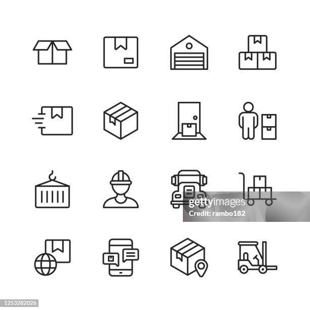 stockillustraties, clipart, cartoons en iconen met magazijn- en distributielijnpictogrammen. bewerkbare lijn. pixel perfect. voor mobiel en web. bevat pictogrammen zoals pakket, doos, garage, inventaris, deur, container, semi-vrachtwagen, pakhuisarbeider, vorkheftruck, globale verzending, logistiek, plank. - karton