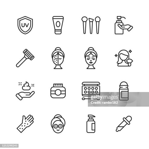 hautpflege linie icons. bearbeitbarer strich. pixel perfekt. für mobile und web. enthält wie hautpflege, spa, kosmetik, wellness, make-up, hygiene, feuchtigkeitscreme, dermatologie, lifting, bad, gesichtsmaske, detox, peeling, chirurgie, falten, seife, p - runzlig stock-grafiken, -clipart, -cartoons und -symbole