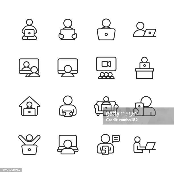 using technology line icons. editable stroke. pixel perfect. for mobile and web. contains such icons as smartwatch, smartphone, laptop,tablet, keyboard, video games, e-reader, notification, taking selfie, work from home, video conference, technology. - teleworking icon stock illustrations