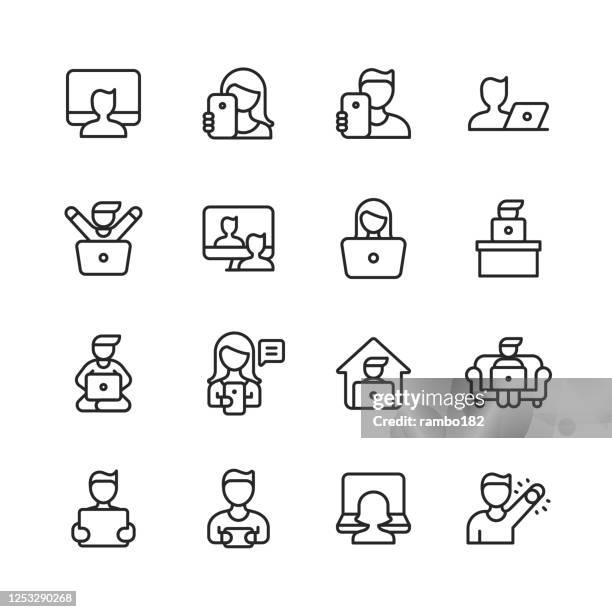 using technology line icons. editable stroke. pixel perfect. for mobile and web. contains such icons as smartwatch, smartphone, laptop,tablet, keyboard, video games, e-reader, notification, taking selfie, work from home, video conference, technology. - game controller hand stock illustrations