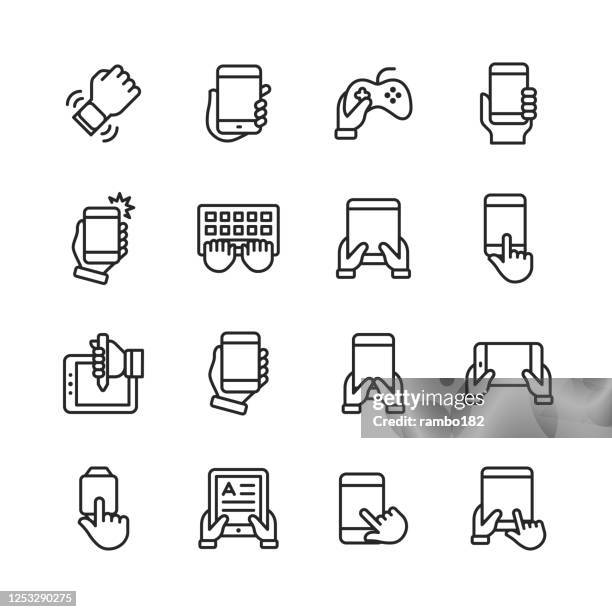 using technology line icons. editable stroke. pixel perfect. for mobile and web. contains such icons as smartwatch, smartphone, laptop,tablet, keyboard, video games, e-reader, notification, taking selfie, work from home, video conference, technology. - hands keyboard code stock illustrations