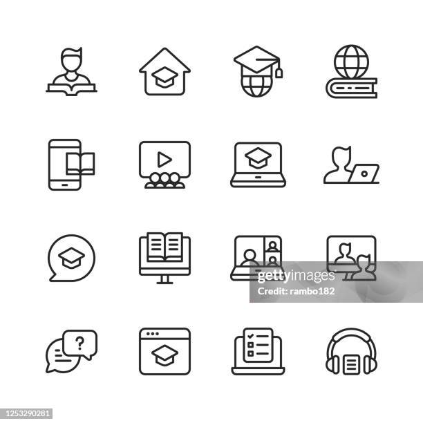 fernunterricht, homeschooling line icons. bearbeitbarer strich. pixel perfekt. für mobile und web. enthält symbole wie buch, student, e-learning, universität, graduierung, lehre, online-kurs, videokonferenz, mobile app, prüfung, video-tutorial. - hörsaal stock-grafiken, -clipart, -cartoons und -symbole