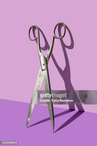 scissor on the purple background - haircutting scissors stock pictures, royalty-free photos & images