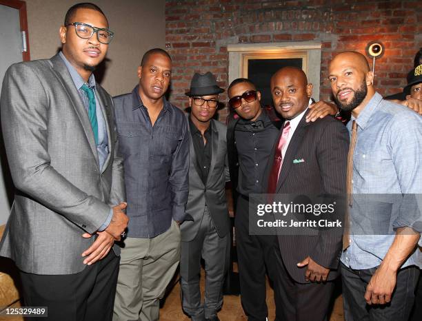 Carmelo Anthony, Jay-Z, Ne-Yo, Nas, Steve Stoute and Common attend Nas' 38th birthday party at Catch on September 14, 2011 in New York City.