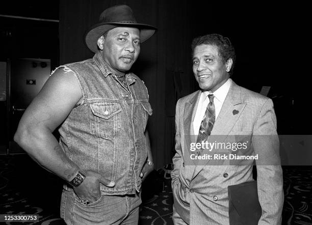 Aaron Neville and Atlanta Police Chief Eldrin Bell attend Aaron Neville's album release event hosted by A&M Records at Dave & Buster's in Atlanta...