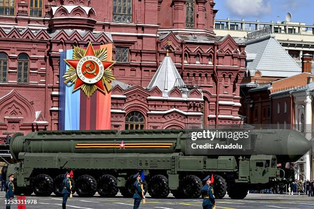 Ceremonial soldiers parade during 78th anniversary of the Victory Day in Red Square in Moscow, Russia on May 09, 2023. The Victory parade take place...