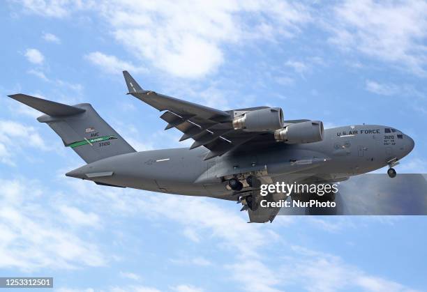 Boeing C-17A Globemaster III, of the US Air Force , arriving at the Zaragoza military base during the NATO Defender Europe 23 military maneuvers that...