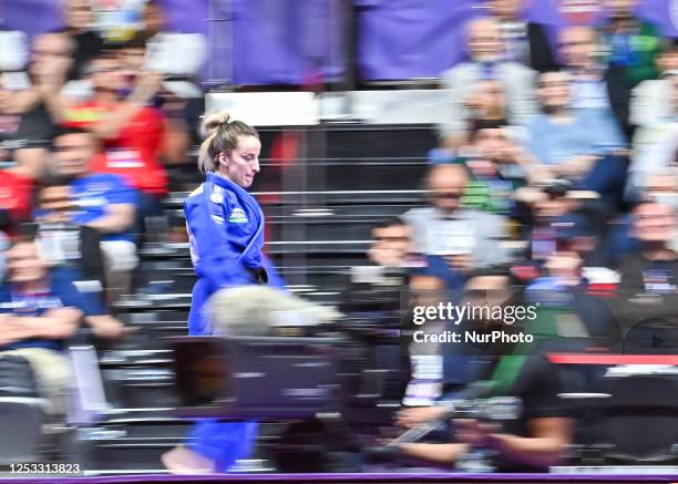 Distria Krasniqi of Kosovo reacts during agates Odette Giuffrida of Italy in the women's -52kg bronze medal bout of the World Judo Championships 2023...