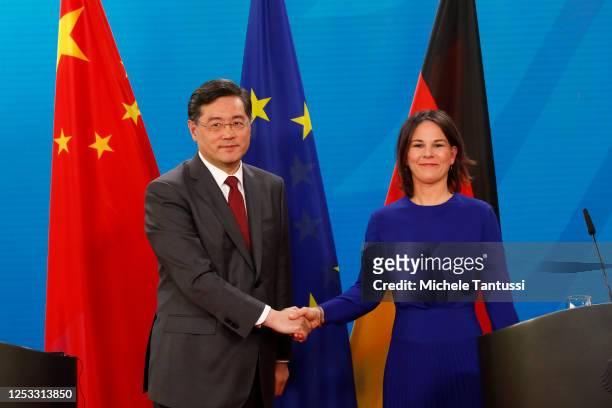 German Foreign Minister Annalena Baerbock and Chinese Foreign Minister Qin Gang address the media during a press conference on May 9, 2023 in Berlin,...