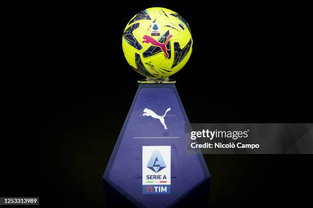 The Serie A official match ball Puma Orbita is seen on a plinth prior to the Serie A football match between Torino FC and AC Monza. The match ended...