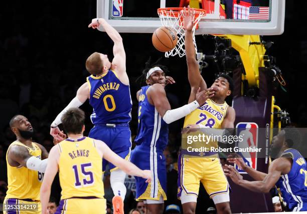 Los Angeles, CA, Monday, May 8, 2023 - Los Angeles Lakers forward Rui Hachimura is bonked in the face by Golden State Warriors forward Kevon Looney...