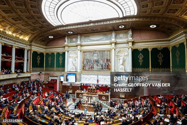 This photograph taken on shows a general view of the French National Assembly as French Prime Minister Elisabeth Borne attends a session of questions...