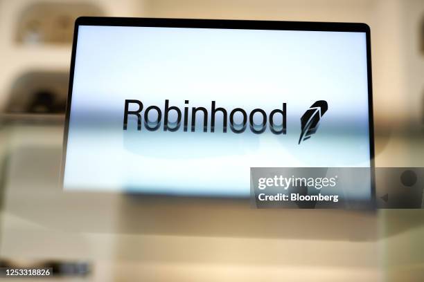 The Robinhood logo on a laptop cpmputer arranged in the Brooklyn borough of New York, US, on Monday, May 8, 2023. Robinhood Markets Inc. Is scheduled...