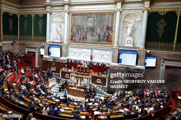 This photograph taken on shows a general view of the French National Assembly as French Prime Minister Elisabeth Borne attends a session of questions...