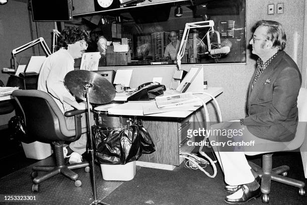 In a broadcast studio at WNBC-AM, American radio host Howard Stern interviews radio & TV personality, comedian, and musician Steve Allen , New York,...