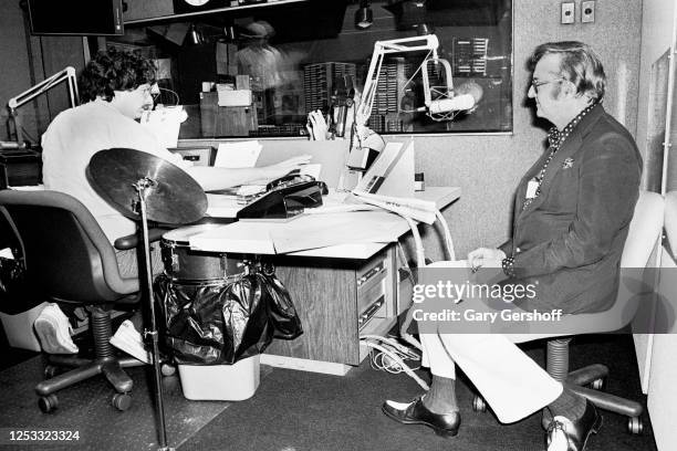 In a broadcast studio at WNBC-AM, American radio host Howard Stern interviews radio & TV personality, comedian, and musician Steve Allen , New York,...