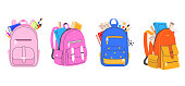 Collection of colorful school bags for boys and girls. Backpack full of stationery objects vector illustration in flat cartoon style. Back to school. Element for your design.