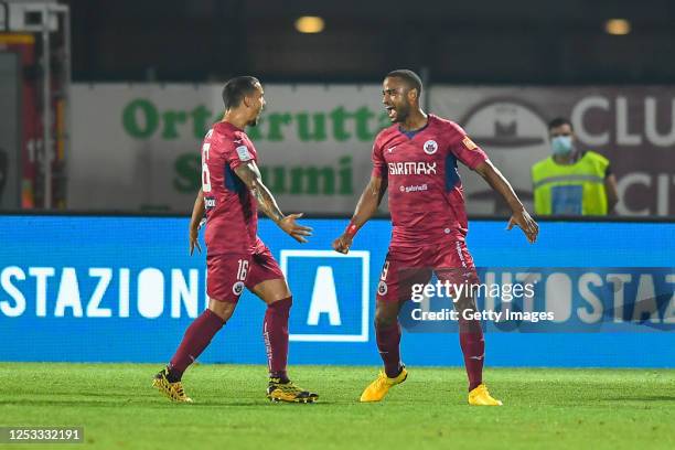 Davide Diaw of AS Cittadella celebrates after scoring his team's second goal with teammate Alessio Vita during the serie B match between AS...