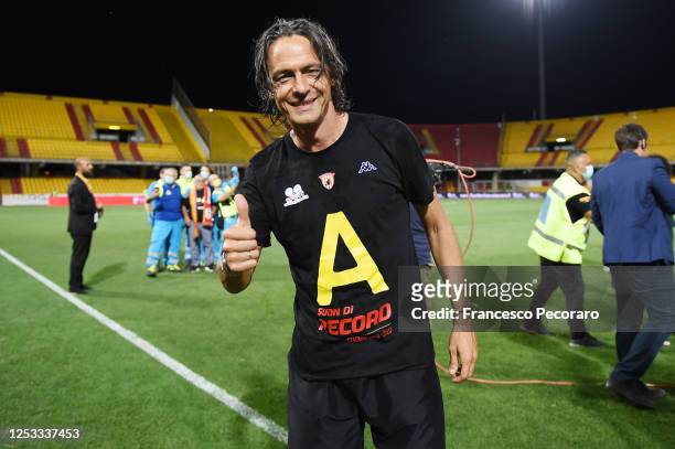 Filippo Inzaghi Benevento Calcio coach celebrates the victory of Serie B after the serie B match between Benevento Calcio and SS Juve Stabia at...
