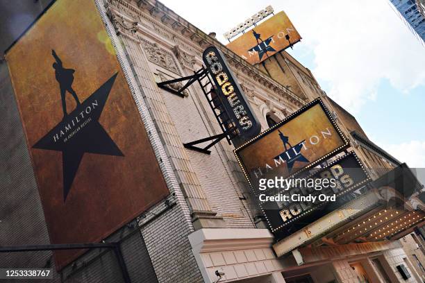 View of the marquee at Hamilton: An American Musical at the Richard Rodgers Theatre on June 29, 2020 in New York City. Broadway will remain closed...