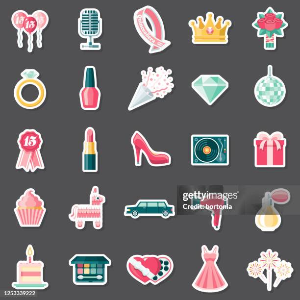 ilustraciones, imágenes clip art, dibujos animados e iconos de stock de conjunto de pegatinas quinceañera - tacones altos