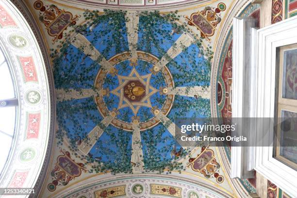 View of the frescos at the Third Lodge of the Apostolic Palace on May 6, 2015 in Vatican City, Vatican. The Papal Apartment is on the 3rd floor and...