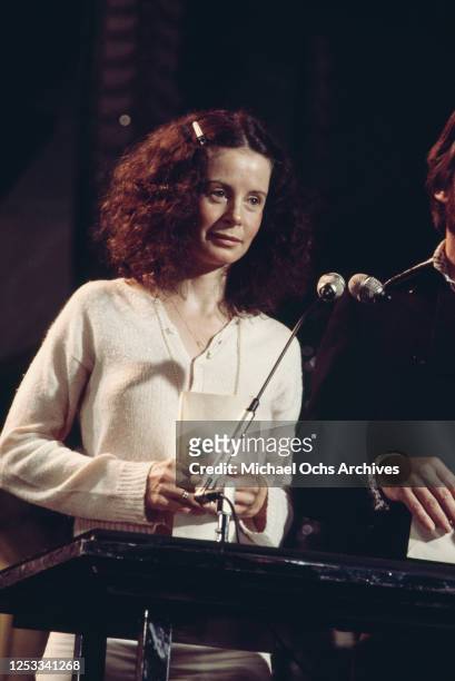 English actress Sarah Miles delivers a speech, circa 1980.